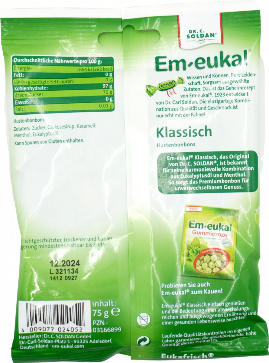 Em-eukal Klassisch Hustenbonbons Zuckerfrei Menthol 75g - Für Unterwegs, Erfrischend & Lindernd